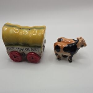 Yellow and Red Ceramic Wagon and Cow Salt And Pepper Shakers VICTORIA CERAMICS